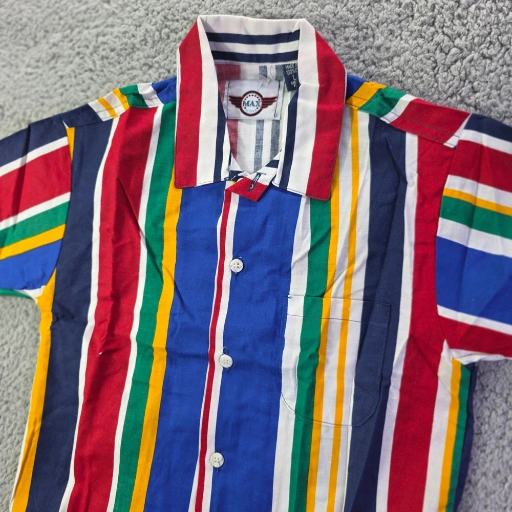 Vintage Max Active Kids Shirt L 7 Multi Color Vertical Stripe Short Sleeve USA